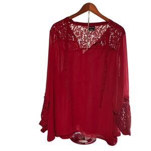 City Chic XL Lace Trim Long Sleeve Blouse Red Semi-Sheer Button Cuff